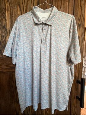 Huk Men’s Light Blue Polo with Coral Micro-Print